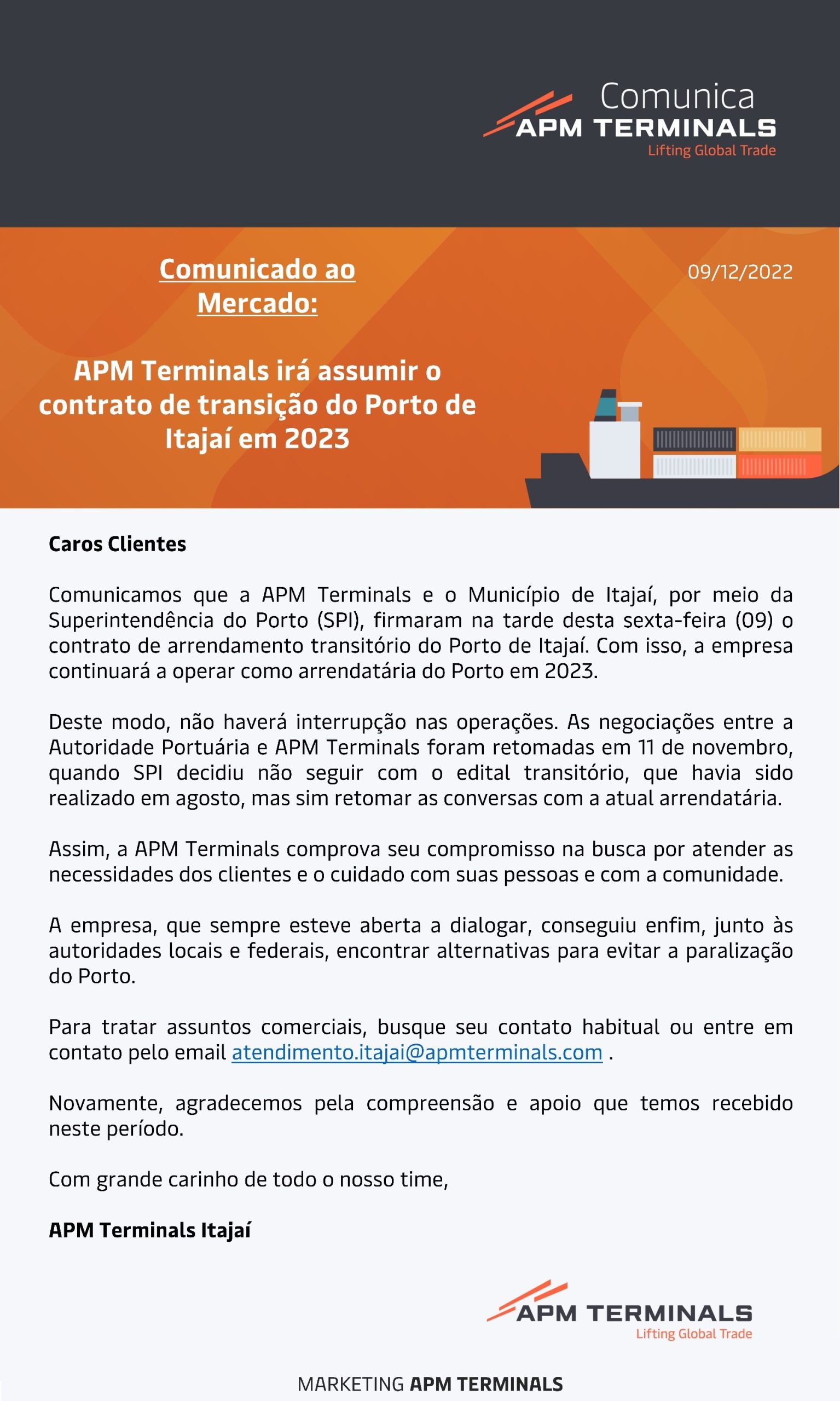 COMUNICADO APM TERMINALS IR ASSUMIR O CONTRATO DE TRANSI O DO